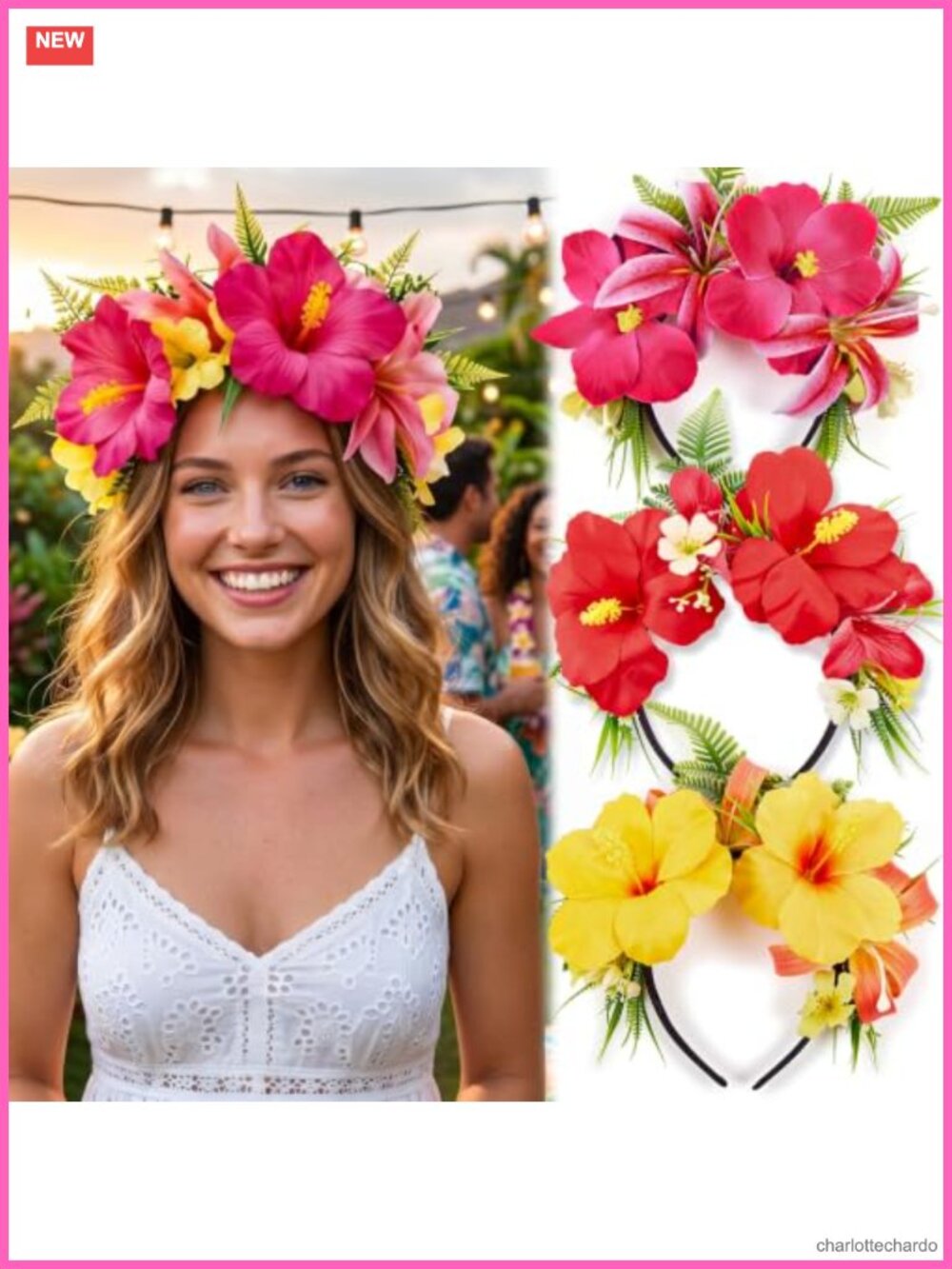 Hawaiian Flower Crown Headband Set 3 Pcs Tropical Luau Hair Accessories
